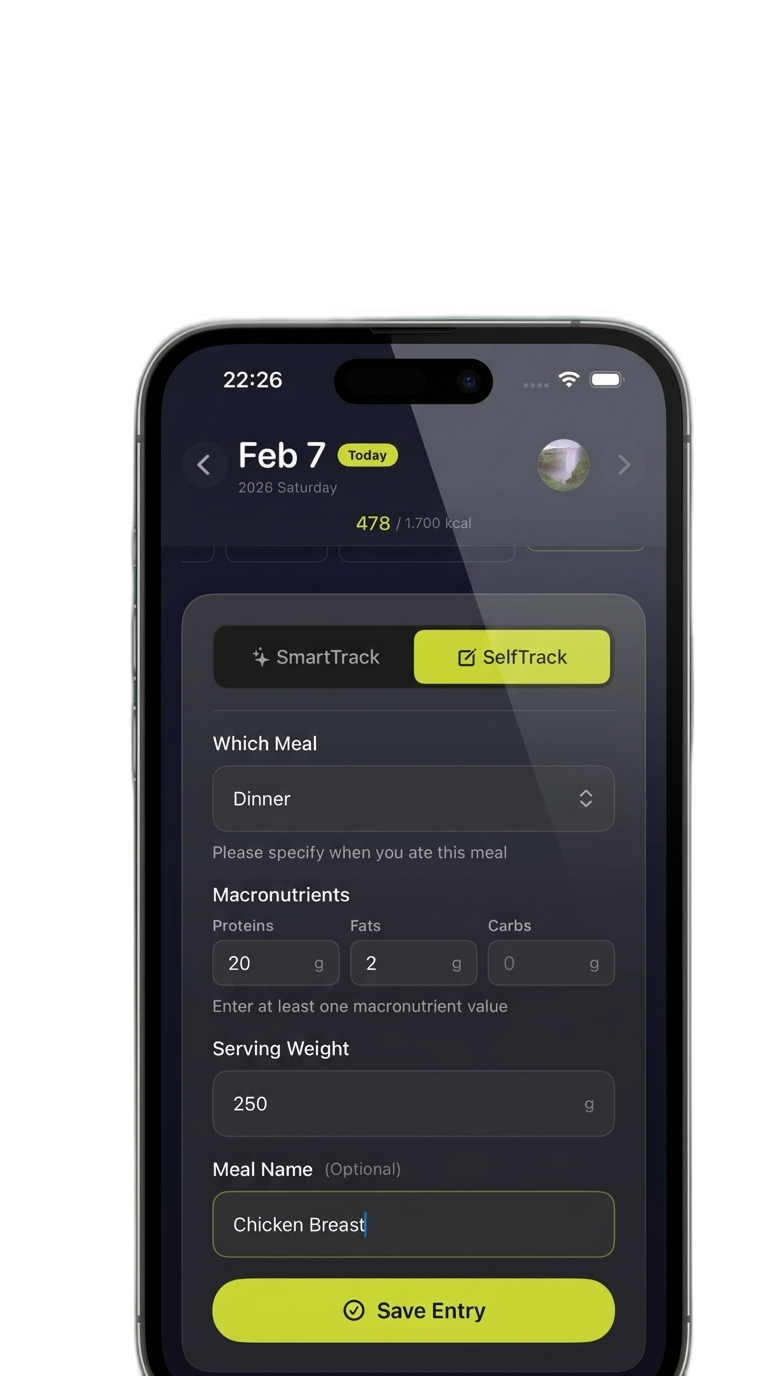 SelfTrack — manual entry form with protein, fats, carbs fields and serving weight