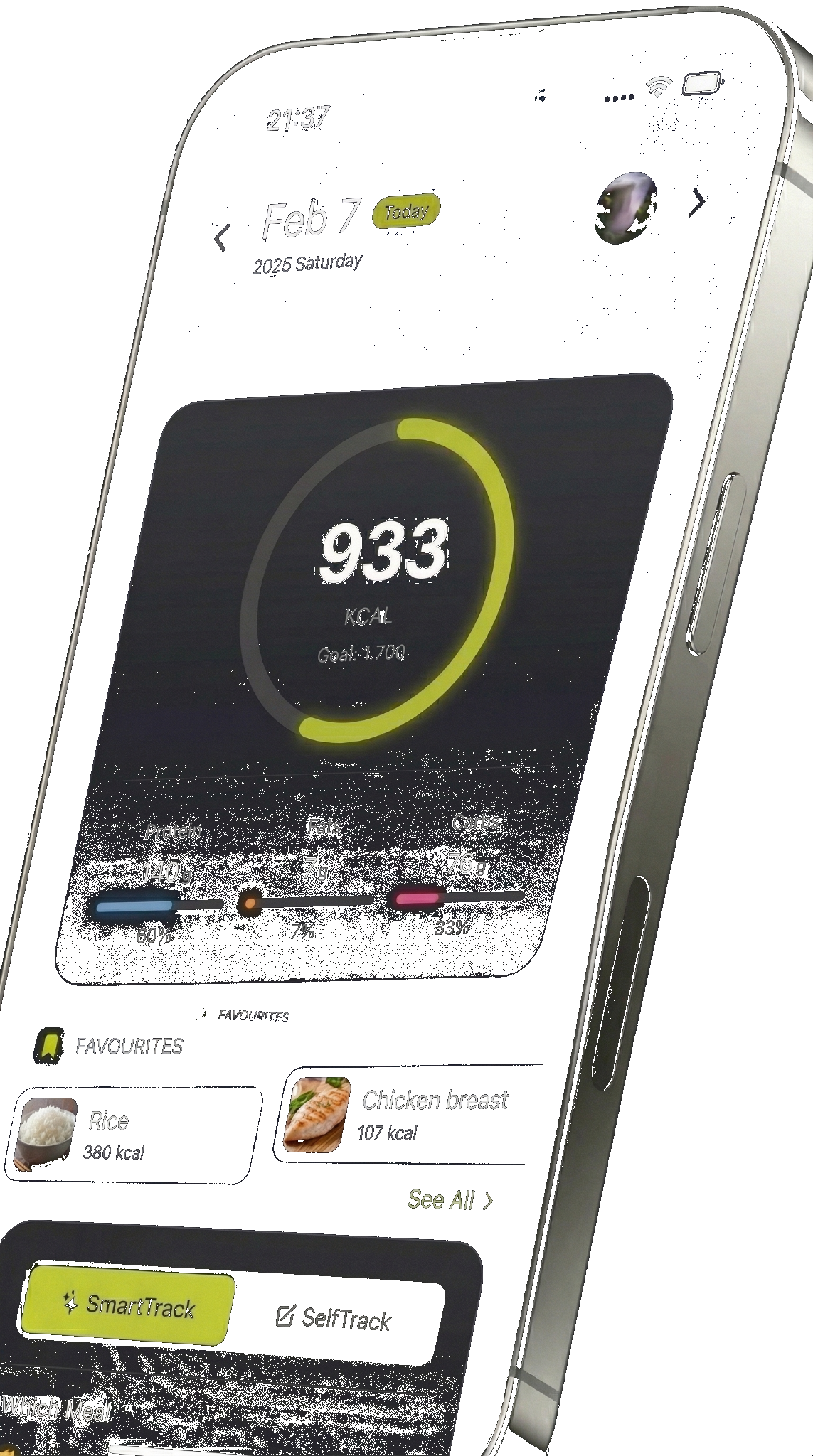 Daily dashboard with calorie ring, macro breakdown, and favourites strip